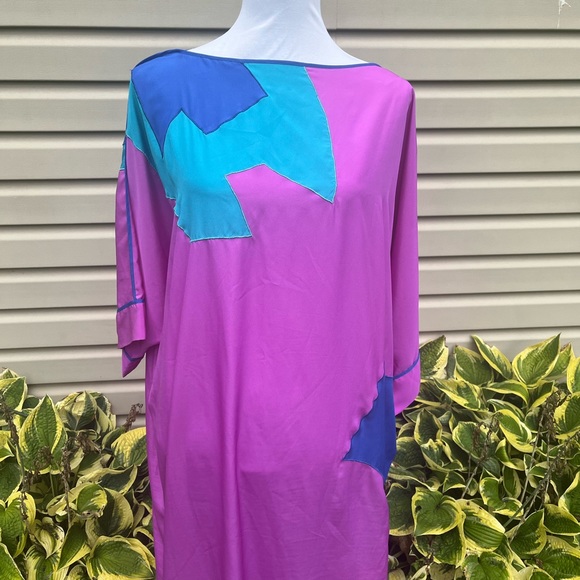 EUC Vintage Bill Tice Neiman Marcus Purple Poly Caftan Muumuu Mimi - Picture 3 of 8